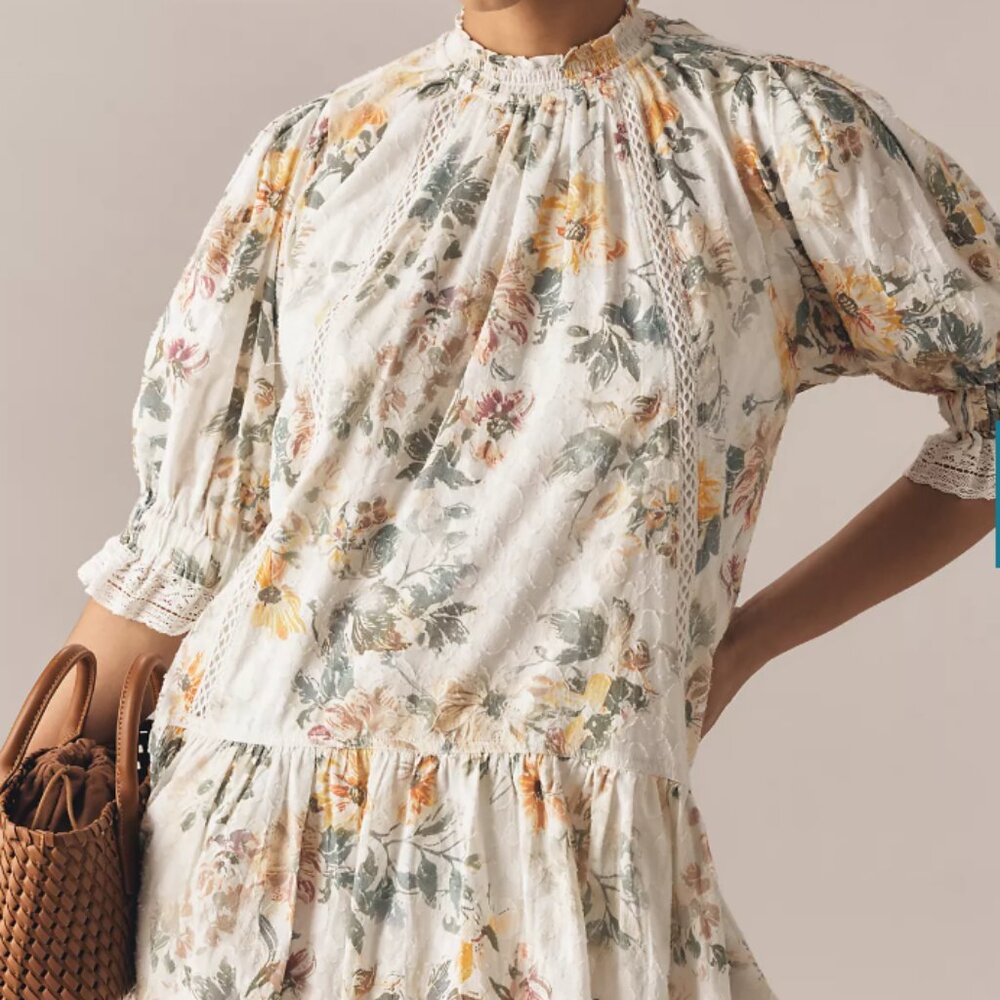 Pilcro Anthropologie Short-Sleeve Mock-Neck Ruffle Mini Floral Dress Small - Picture 12 of 13